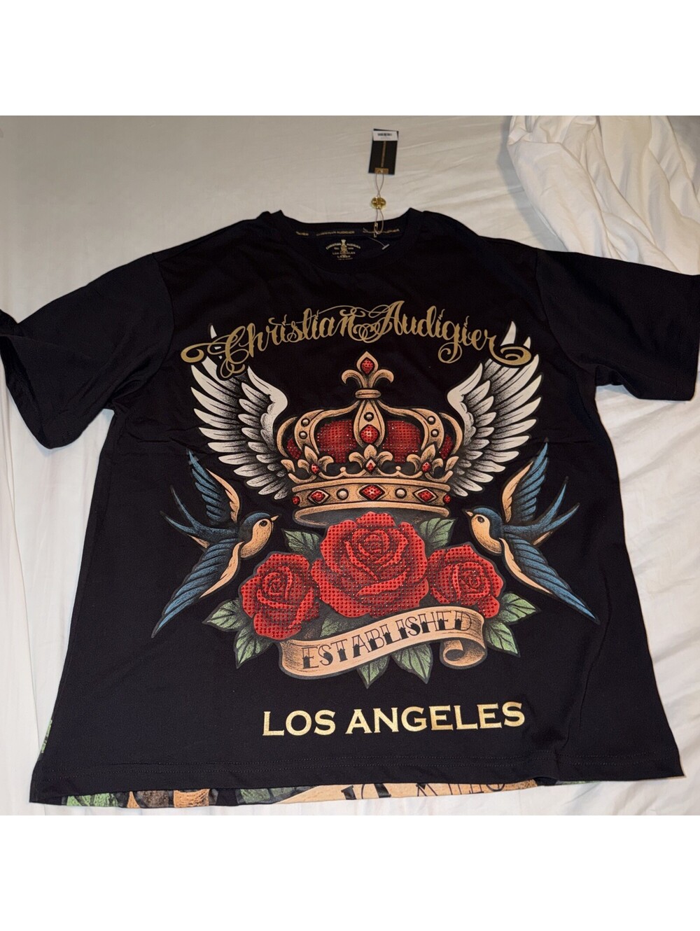 Authentic Christian Audigier Men’s L Black Crown Wings Roses Graphic Y2K NWT